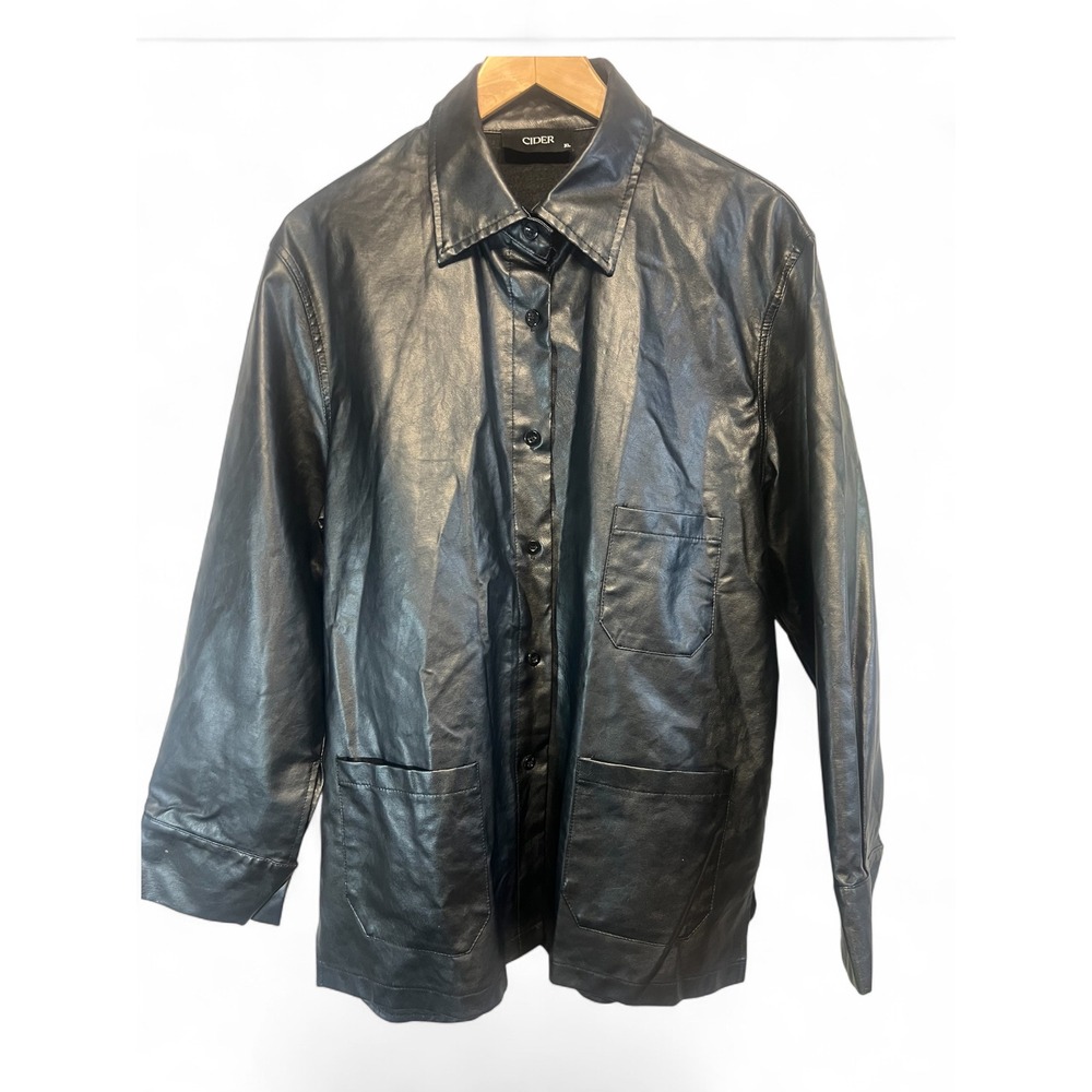 Cider Black Faux Leather Button Down Shirt Jacket XL Long Sleeve Pockets